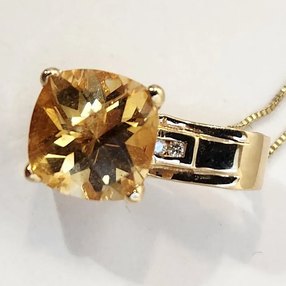 VTG Estate Older 14K Solid Gold Citrine & Diamond Open Bail Pendant & Chain - Picture 6 of 13